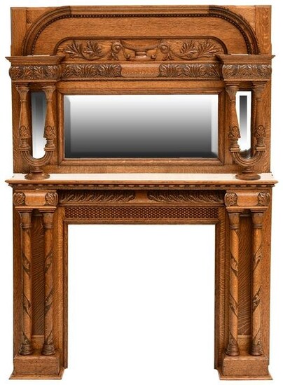 American Carved Oak Fireplace Mantel with Over Mirror