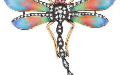 An 18ct gold ruby diamond and enamel figural dragonfly brooc...