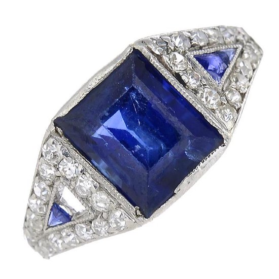 An Art Deco sapphire and diamond ring. The