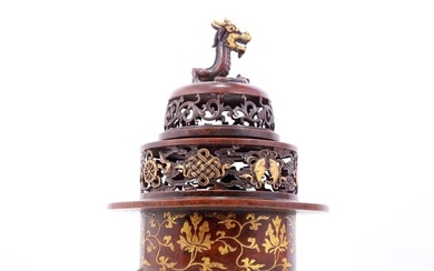 An exquisite gilt bronze tripod censer with lotus and dragon pattern and lid