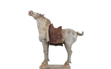 Ancient Chinese, Tang Dynasty Terracotta A Masterpiece! An unusual Magnificent Neighing Pottery Figure of a Horse, Tl test, H- 60 cm. - 60×61×25 cm
