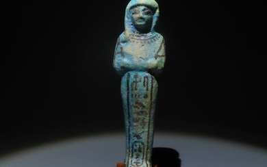 Ancient Egyptian Faience Royal Shabti Ushabti for Queen Isetnofret, second wife pharaoh Ramses II. 11,7 cm H. Intact.