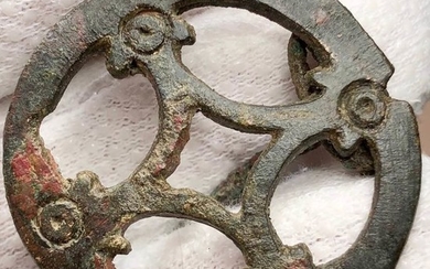 Ancient Roman Bronze Openwork Brooch Fibula ending with four Zoomorphic Heads.
