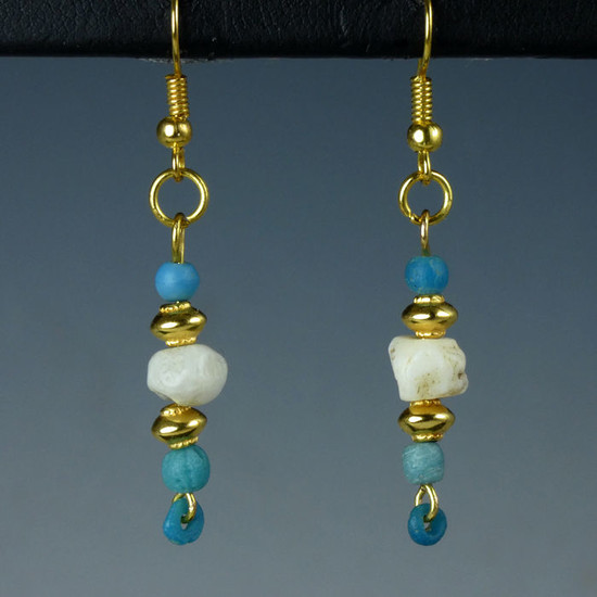 Ancient Roman Glass Earrings with turquoise glass and stone beads - (1)