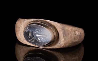 Ancient Roman Silver Ring with Stone Intaglio of Grasshopper (No Reserve Price)