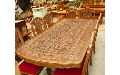 Anglo Indian Heavily Carved Dining Table & 8 Matching Chairs