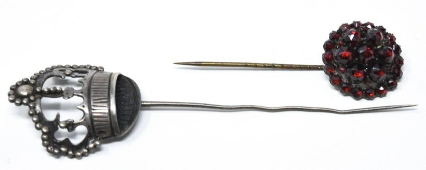 Antique 19th C Rose Cut Garnet & Crown Stick Pins