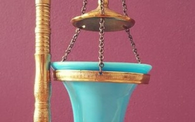 Antique Blue Opaline Glass "Brûle Parfum" / Veilleuse | Fragrance / Perfume Burner Bronze 3 Leg | (1) - Restauration Style - Opaline Glass, Bronze