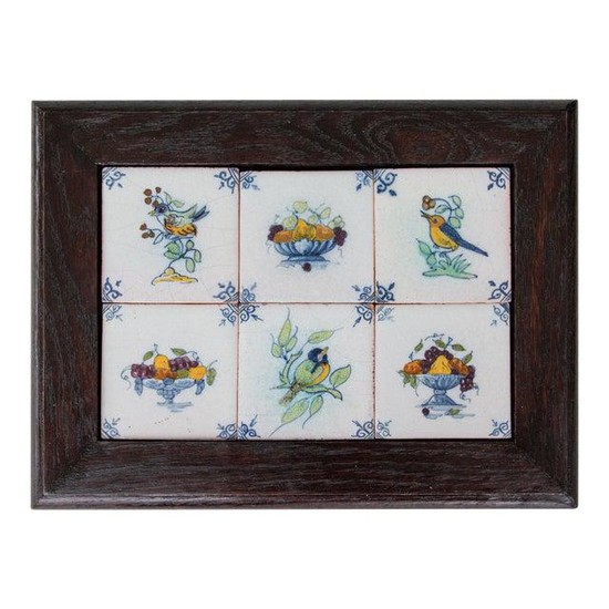 Antique Dutch Delft Framed Birds & Fruit Tiles - Set of