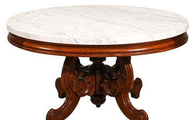 Antique Victorian Carved Oval Marble Top Table