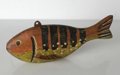 Antique folk art Weighted FISH Decoy hand painted wood in orange green