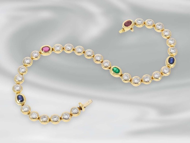 Armband: hochwertiges attraktives Tennisarmband mit Brillanten und Saphir-, Rubin-, und Smaragdbesatz, ca. 3,22ct, 18K Gelbgold