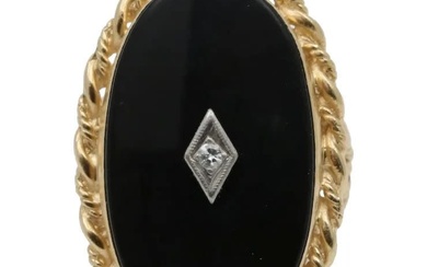 Art Deco Diammond Onyx 14K Yellow White Gold Filagree Ring