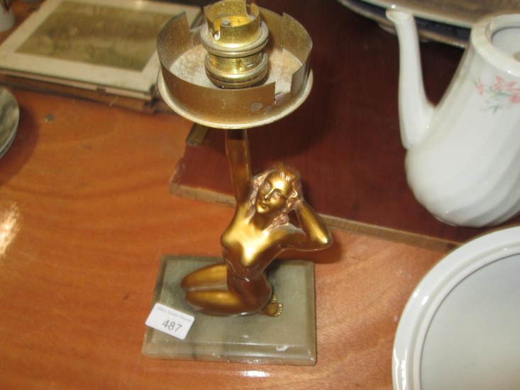 Art Deco painted spelter figure of a lady table lamp