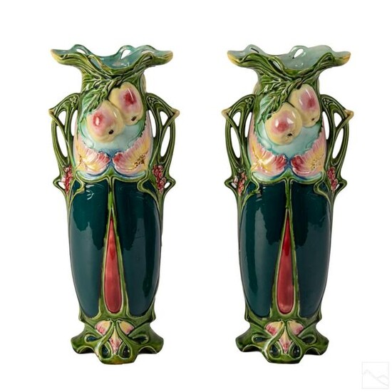 Art Nouveau Majolica 15" Floral Vases ESTATE PAIR