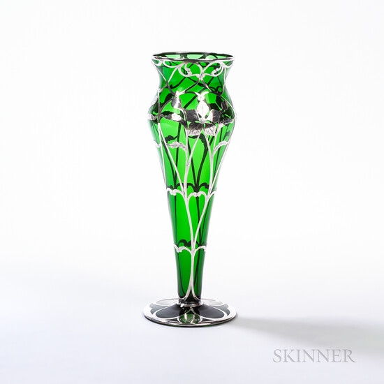 Matthews Art Nouveau Tulip-Form Silver Overlay Glass Vase