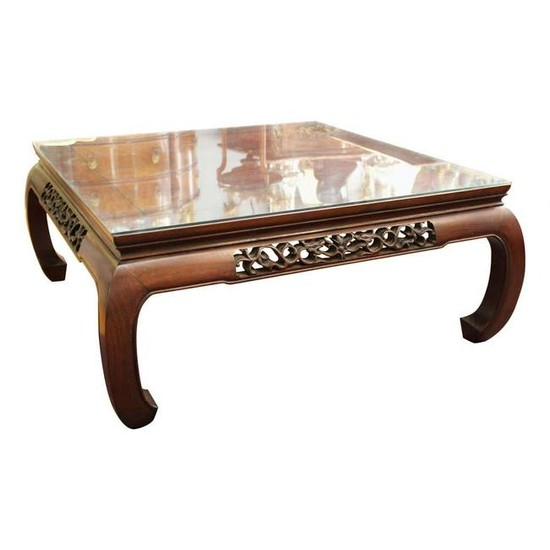 Asian Carved Wood Coffee Table with Glass Top