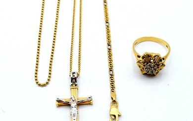 Bague, 2 colliers, croix et bracelet en or jaune et blanc 18 ct (perles) -...