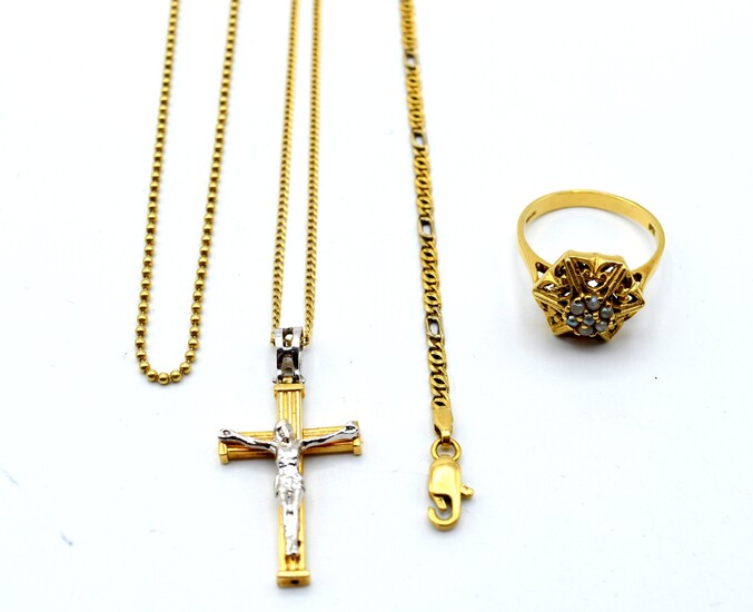 Bague, 2 colliers, croix et bracelet en or jaune et blanc 18 ct (perles) -...