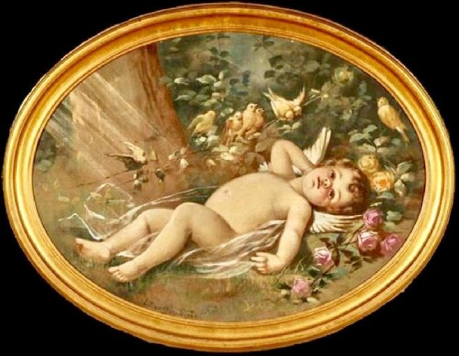 Beautiful Large Antique Oil on Tapestry of Cherub