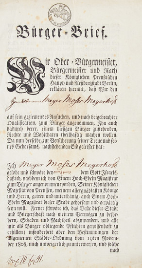 Berlin - Bürger-Brief für Meyer Moses Meyerhoff.
