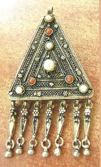 Bezalel Style Yemenite Filigree Gilt Sterling Amulet Pendant / Brooch set w/ pearls & coral, 26 gr.