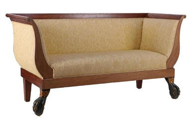 (-), Biedermeier notenfineer sofa met gele florale bekleding,...