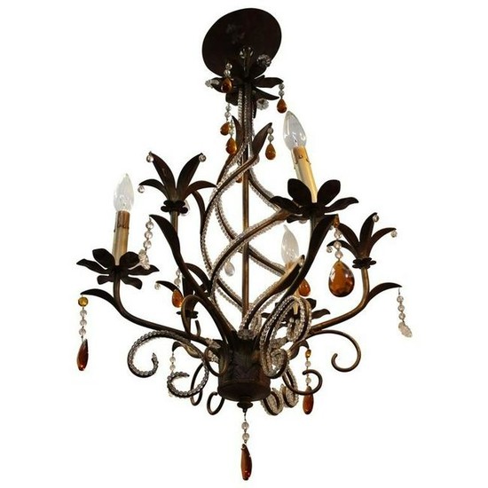 Brass Floral Helix Chandelier w Amber Glass Beads