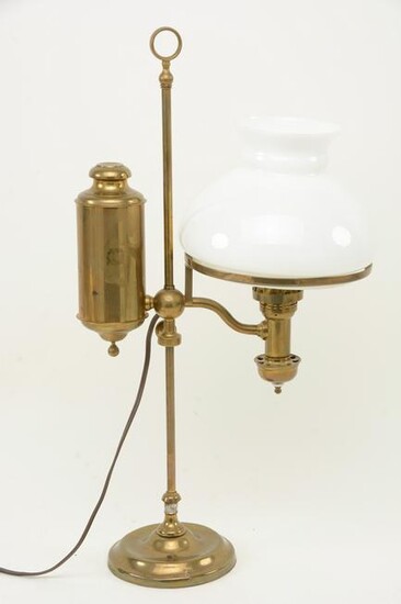 Brass student’s lamp with white glass shade, 19th