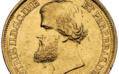 Brazil: , Pedro II gold 10000 Reis 1880 AU58 NGC,...