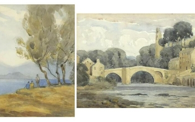 Bridge before ruins and figures before water, two