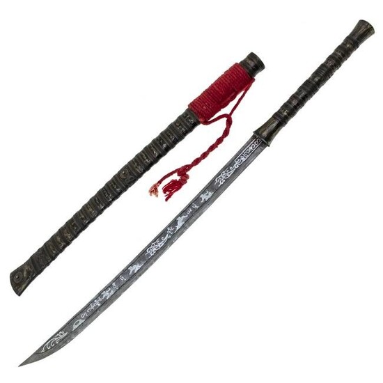 Burmese Sword, Steel Blade with silver Inlay.
