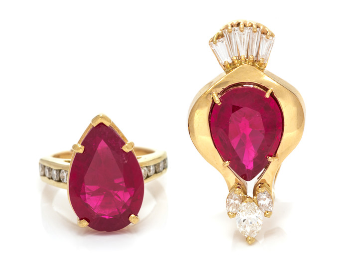 COLLECTION OF SYNTHETIC RUBY AND DIAMOND JEWELRY