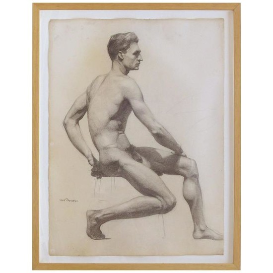 Carl T. Pfeufer Male Nude Study Pencil Drawing Signed