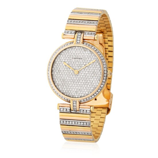 Cartier. Fine and Charming Lady’s Vendome Round Shaped Bracelet Wristwatch in Yellow, Pink and White Gold With Diamonds, Pavè Diamond Set Dial and Bezel