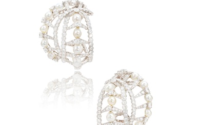 Cartier Pair of pearl and diamond ear clips, circa 1950