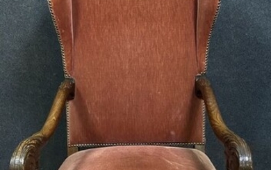 Castle armchair - Renaissance style - with ears - Natural wood with brown patina - Mid 19th century