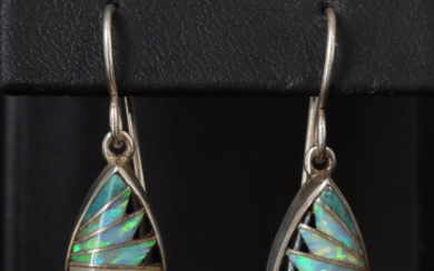 Cathy Webster Navajo Diné Sterling Opal, Black Onyx and Shell Inlay Earrings