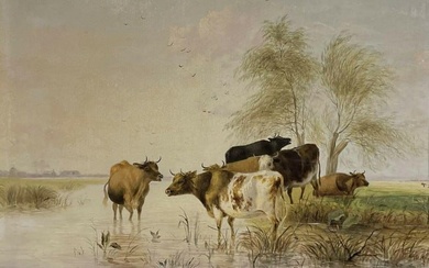 Cattle Watering Tranquil Pastures Signed 19th century English Oil Painting