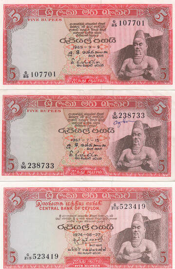 Ceylon 5 Rupees 1965,67,74 (3)