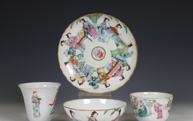 China, a famille rose porcelain cup and saucer and two cups, 19th century