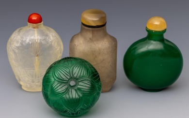 China, four green and translucent glass snuff bottles and stoppers, late Qing dynasty (1644-1912)