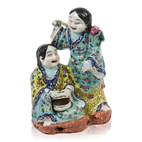 Chinese Famille Rose Statue of Two Boys