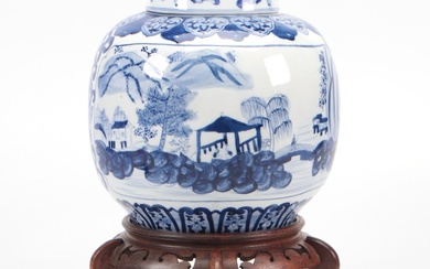 Chinese Hand-Painted Ceramic Ginger Jar and Carved Wood Stand