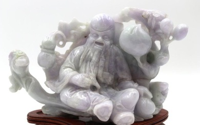 Chinese Natural Lavender Color Jadeite JADE Statue Happy Buddha on Wood Stand