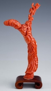 Chinese Red Salmon Branch Coral Guan Yin Statue