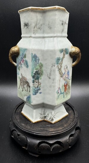 Chinese double faceted vase, deer watcher