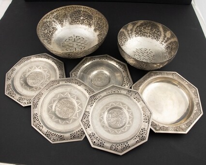Chinese export silver: four octagonal dishes with openworked rim, a...