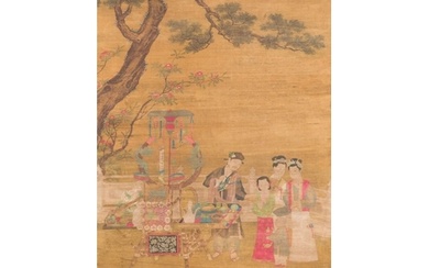 Chinese school: 'Gathering under the pine', ink and colour o...