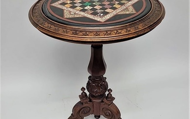 Circa 1870's Pietra Dura inlaid gaming table with carved walnut base. Good original condition